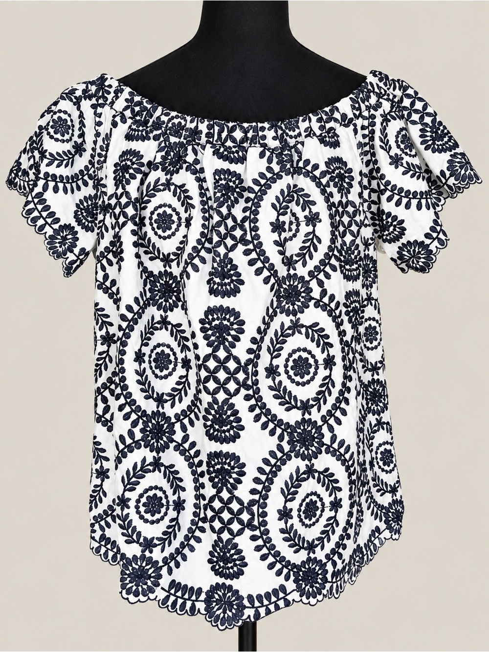 Entro Off Shoulder Embroidered Cotton Boho Top White Navy NWT Large